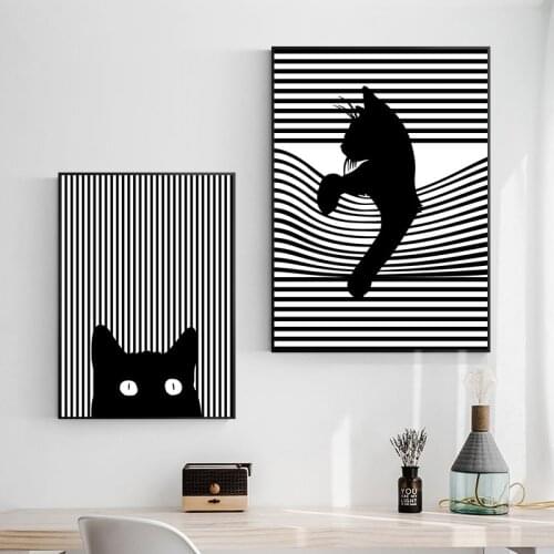 Black White Cat Canvas Poster Abstract Line Wall Art Painting Nordic Posters and Prints Wall Pictures for Living room Home Decor