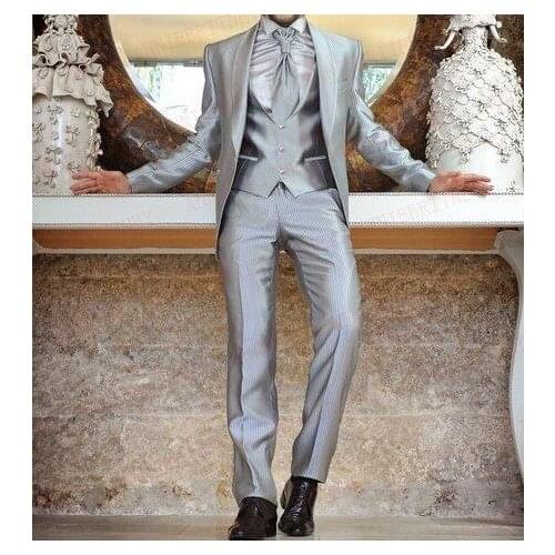 Trendy New Vogue Silver Satin Men Suit Set Prom Dinner Party Wedding Tuxedos Slim Fit Groom Suits Custom Shiny Blazer Pants