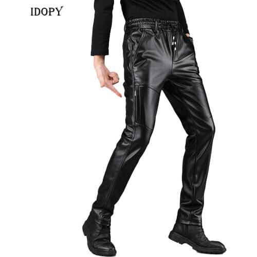 Idopy Men`s Military Style Faux Leather Pants Side Zipper Cargo Pocket Plus Size 28-40 Army Tactical Warm Winter PU Trousers