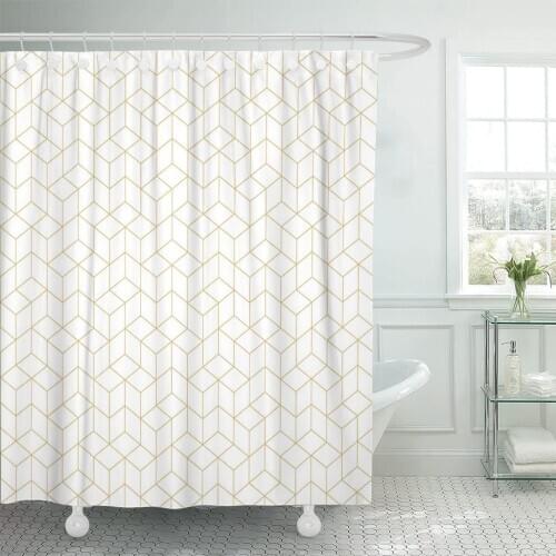 Quirky Abstract Geometric Pattern Lines Rhombuses White and Gold Shower Curtain Waterproof Polyester Fabric 72 x 78 Inches Set