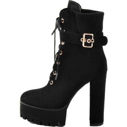 Onlymaker Winter Platform Flock ankle boots thick high heel Buckle Strap for women plus size us5~us13 for ladies booties