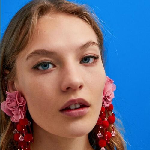 Wholesale JUJIA Bohemian Long Flower Earrings Pom Pom Big Statement Earrings Fringe Drop Earrings Women Jewelry