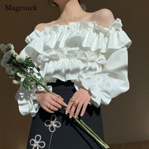 Autumn Women Off The Shoulder Long Sleeve Shirt Slash Neck Solid Ruffle Chiffon Shirt Sweet Casual Puff Sleeve Tops Blusas 15670