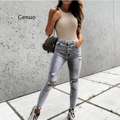 Skinny Jeans Women Streetwear High Waist Ripped Holes Pencil Jeans Stretchable Female Jeans 2021 Women Pants