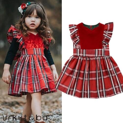 England Style Vintage Kids Baby Girls Red Plaid Dress Fly Sleeves High Waist Dress Christmas Princess Pageant Party Tutu Dress