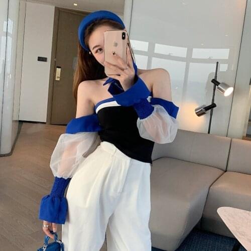 Women Sexy Tops Off Collar Off-shoulder Mesh Contrast Color Stitching Chest T-shirt 2021 Spring Summer New Bubble Sleeve Tshirts