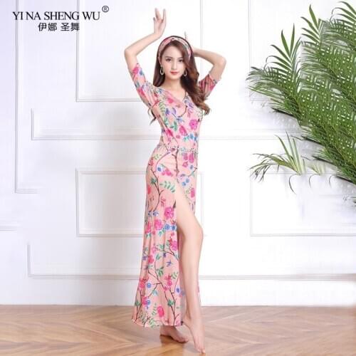 Women Belly Dance Costume Belly Dance Dress Floral Pattern Brace Dress Side Slit Skirt Bellydance Dresses with shorts