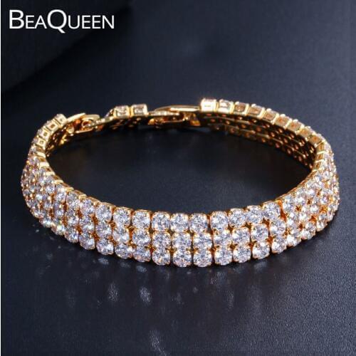 BeaQueen Luxury Yellow Gold Color CZ Crystal Paved Full Round Cubic Zirconia Big Wide Bracelet Bangle Jewelry for Women B202