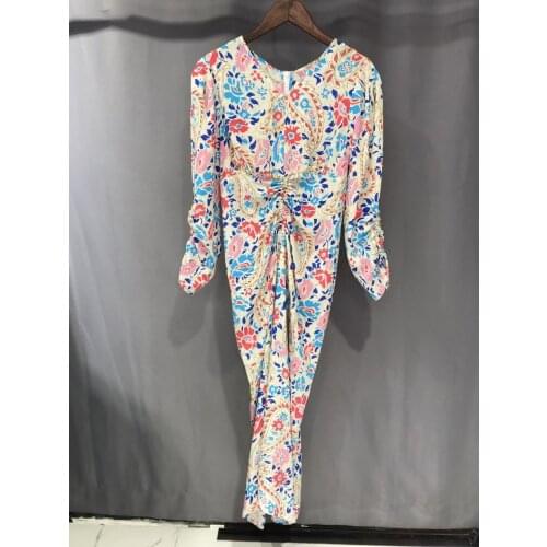 Women Silk Long Dress Pleated Puff Sleeve V-Neck Retro Floral Printed Irregular Midi Dress Female Slim Waisr Robe with Zipper