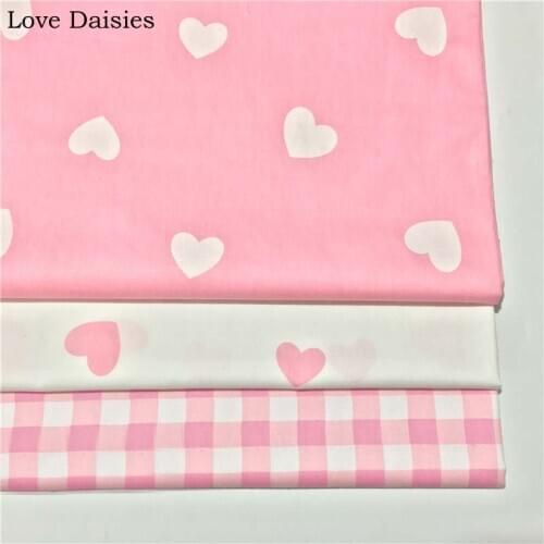 100% Cotton WHITE PINK Big Heart Shape Lattice Check Chevron Twill Fabric for DIY Kids Bedding Sheet Apparel Dress Craft Decor