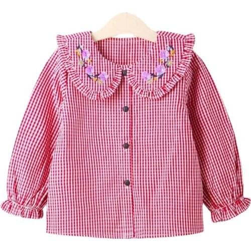 2021 Spring Summer Girls Shirt Clothes Plaid Long Sleeve Baby Embroidery Casual Shirt Turn-down Collar Blouse Ropa Para W142