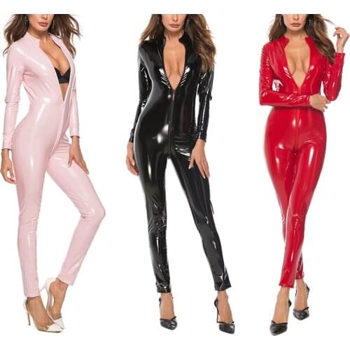Glossy Leather Jumpsuits 4XL PLUS Sexy Lingerie Open Crotch Female Bodysuit Double Zipper Erotic Latex Catsuit Shaping Leotard