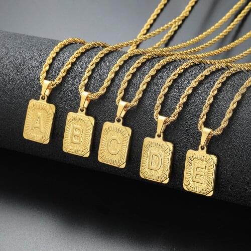 Initial Letter Pendant Necklace Mens Womens Capital Letter 14K Gold Plated A-Z Stainless Steel Figaro Chain Chokers
