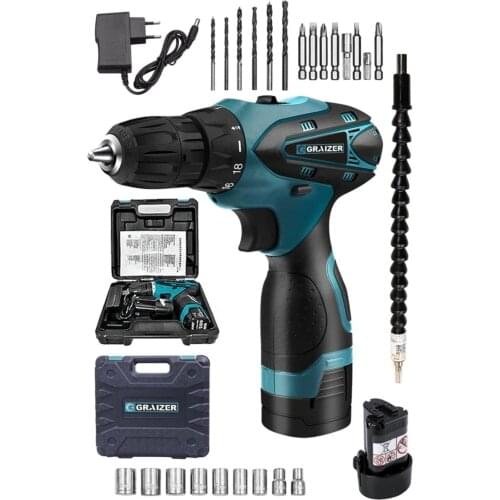Graizer Sjj Titan 32 V Sjs Double Metal Transmission Double Cordless Rechargeable Screwdriver Drill + 24 Piece Set Blue cordless impact drill