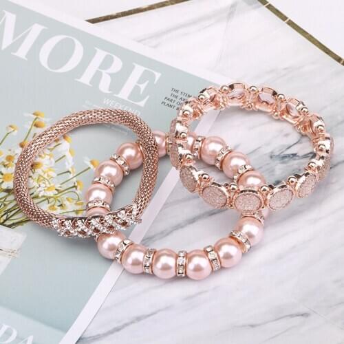 European And American Three-Piece Pearl Suit Bracelet Fashion Temperament Rhinestone Elastic Bracelet Jewelry Woman