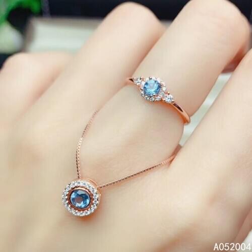 KJJEAXCMY Fine Jewelry 925 sterling silver inlaid natural gemstone blue topaz female ring pendant set beautiful Support test