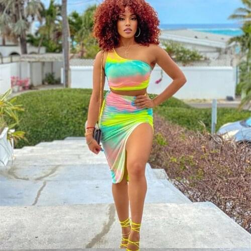 Korean Woman Clothes 2 Pieces Set Summer Sexy One-Shoulder Tank Top Skirt Suit Party Dresses Linen Woman Dress Beachwear 2021