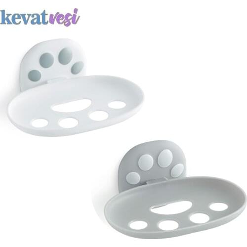 2020 Creative Cat Paw Print Soap Dish Box Wall Mounted Soap Holder Kitchen Sponge Rack Bathroom Storage Rack Bathroom Organizer