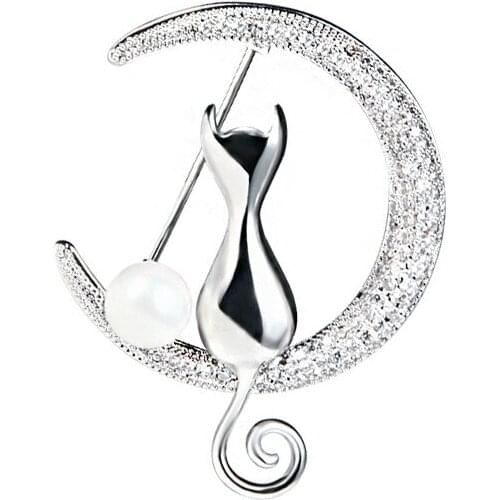 LADYCHIC Romantic Silver Color Cat Brooches for Girls Women Coat Suit Pins Exquisite Animal Pearl Zircon Brooch Jewelry LH1020