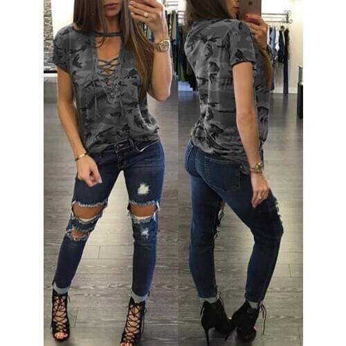 Summer Short Sleeve Camo Shirt Sexy Women Loose Top Ladies Casual Camouflage Printed Tops Shirt girl clothing fashion