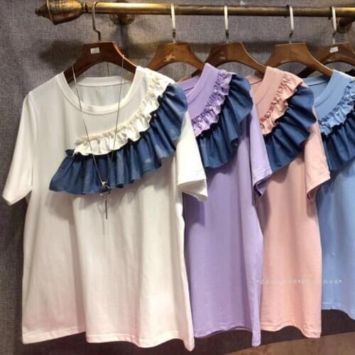 Summer Tshirt Woman New Korean-Style Irregular Ruffles Stitching Short Sleeve T-shirt Loose Tops Female Casual Large Size Tees