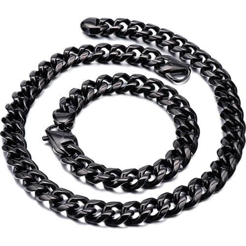 13mm 24''+8.5'' Black mens jewelry set stainless steel Hip-Hop Smooth cuban curb link chain necklace + bracelet set