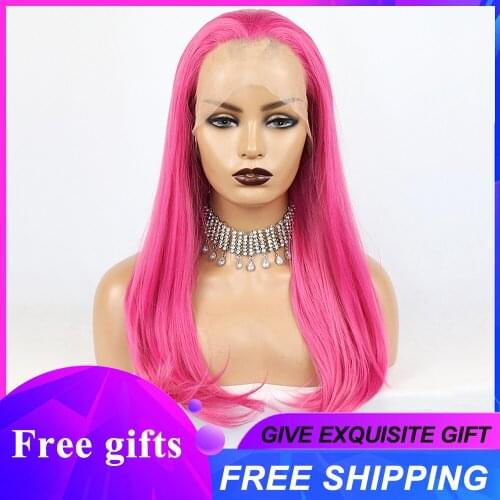 Red Color Synthetic Lace Front Wig Hot Pink Long Straight Hair Lolita Cosplay Heat Resistant Fiber Glueless Wigs for White Women