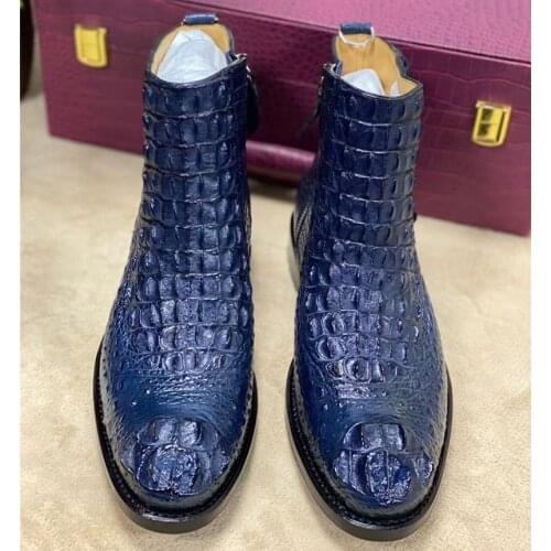 Authentic Real True Crocodile Skin 100% Hand Sewing Mens Blue Short Boots Genuine Alligator Leather High-top Male Ankle Shoes