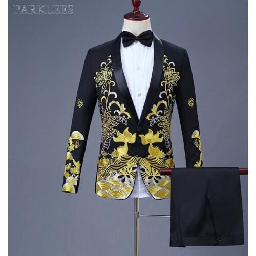 Luxury Gold Embroidery Black Suit Men Party Wedding Suits Men Shawl Collar Tuxedo Suit (Jacket+Pants) Stage Host Singer Clothes