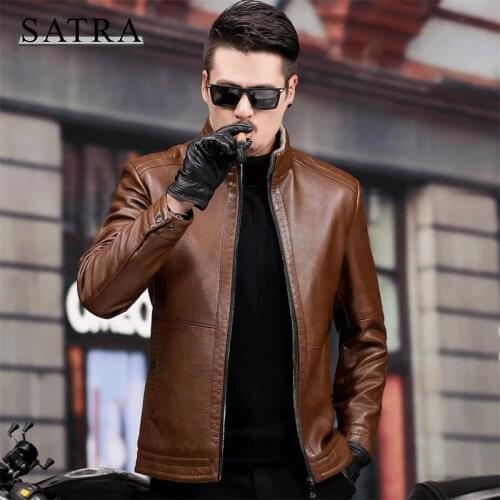 SATRA 2021 New Arrival High Quality Thick Leather Jacket Mens Autumn Winter Mens Jacket Fashion Stand Collar Windproof Warm