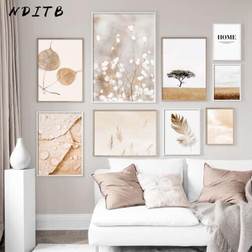 Scandinavian Autumn Landscape Poster Nature Grass Leaf Wall Art Canvas Printing Minimalist Beige Picture Modern Home Room Decor