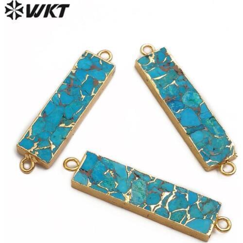 WT-C283 Natural Blue Vein Tur-quoises Pendant Rectangle Shape Gem-stones Connector Gold Electroplated Pendant For Jewelry Making