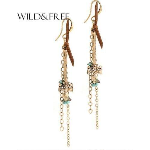 Wild&Free Vintage Long Chain Tassel Earrings Handmade Blue Stone Flower Pendant Dangle Drop Earring Fashion Jewelry DropShipping