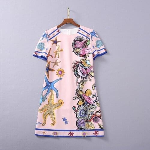 European and American womens clothing 2021 The new spring Short sleeve nail bead Starfish printing Fashionable dress