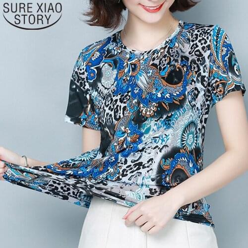 4XL Large Size 2021 Summer New Short Sleeve O-Neck Print shirt Women Loose Slim Elastic Female tops Blusas Mujer 9062 50