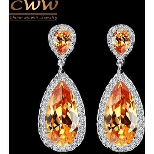 CWWZircons 7 Colors Classic Water Drop Design Silver Color Champagne Gold Crystal Women Dangle Earring With CZ Stones CZ078