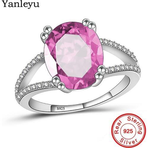 Yanleyu 2 Colors Pink Blue Crystal Engagement Rings for Women Genuine 925 Sterling Silver Wedding Bands Jewelry Ring PR163