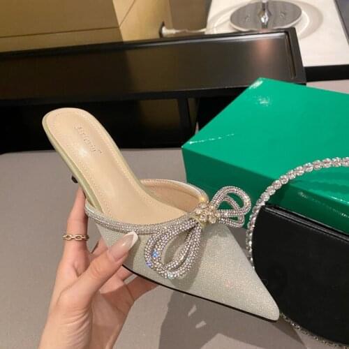 Outside Blingbling Butterfly-knot Womens Slippers Pointed-toe Ladies Sandals Female Casual Pumps Summer Sexy Womans Party Shoes