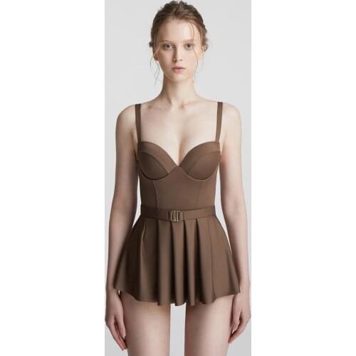 Women Skirted One Piece Swimsuit Solid Low Cut Swimwear Ruffle Monokini Strap Swim Suit Korea Style Belt Bathing Suit Padded