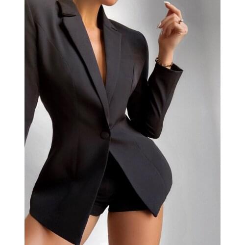 Women Office V Neck Two Piece Blazer Suit Long Sleeve Button Blazer And Shorts Two Piece Set Solid Female Casual High Waist Sets