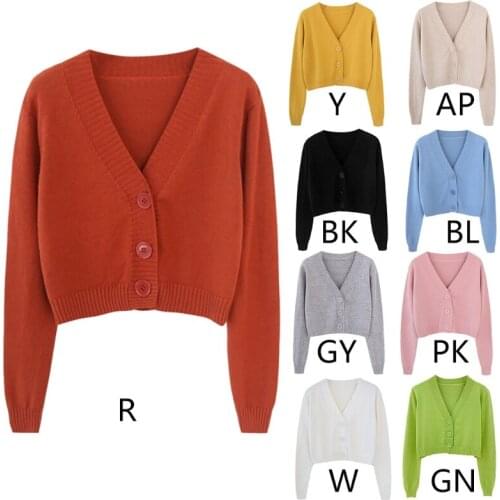 Women Long Sleeve Sweater Cardigan Sexy V-Neck Button Down Cropped Jacket Sweet Solid Candy Color Loose Knitted Coat