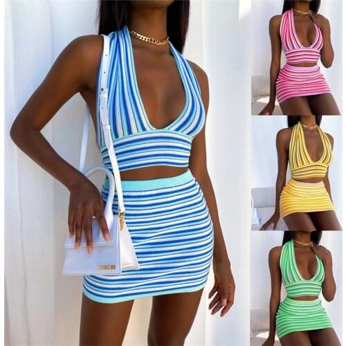 Womens Y2k Sexy Deep V-neck Rib Knit Halter Crop Top Sets Two Piece Sets Backless Camisole + Mini Skirts Clubwear Party Outfits