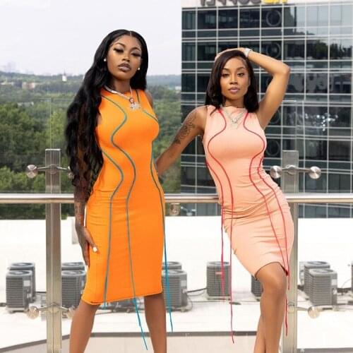 Sleeveless Sexy Dress 2021 Women Summer Bodycon Patchwork O Neck Elegant Orange Tanks Dresses Office Work Club Party Fashion