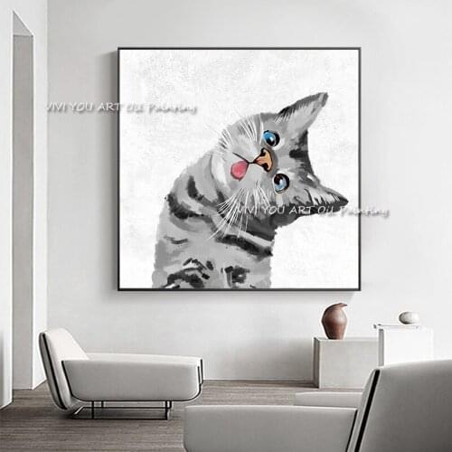 100% Handmade Animal Cut Cat Oil Painting Large Size Grey Decorative Canvas Wall Art Living Room Posters Kids Bedroom Gift