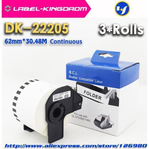 3 Rolls Compatible DK-22205 Label 62mm*30.48M Continuous Compatible Brother Printer QL-570 QL-700 All Come With Plastic Holder