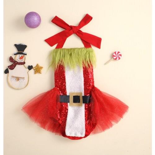 Citgeett Summer Christmas Infant Baby Girls Bodysuit Skirt Hem and Sequins Halter Neck Backless Xmas Clothes 0-24Months