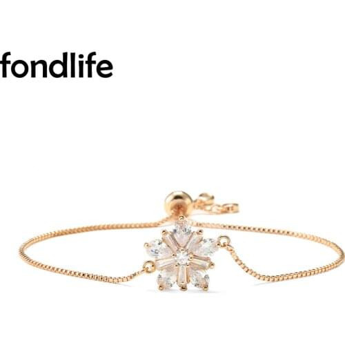 Cubic Zirconia Stones Rose-gold Five disc Plum Blossom Charm Bracelet Women Brass CZ Cute Flower Party Girl Shiny Jewelry Gift