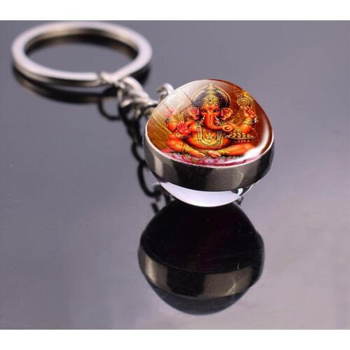 Hamsa Hand Keychain Indian Buddha Ganesha Art Glass Ball Double Side Key Chain Pendant Key Ring Indian Spiritual Jewelry