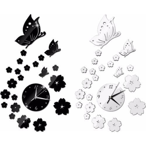 Hot Sales Mirror Wall Stickers 3D Clock Butterfly Pattern Home Decoration Contemporary Quartz Living Room Clock