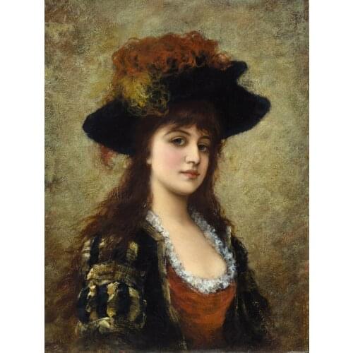 Classical figurative painting canvas portrait poster beauty picture female portrait young girl with hat modern home decor
